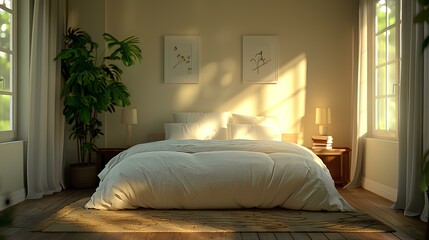 Cozy bedroom with sunlight and green plants