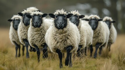Fototapeta premium A Flock Of Black Faced Sheep Running Through A Grassy Meadow On A Cloudy Day. Generative AI
