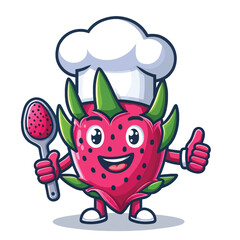Cute dragon fruit cartoon mascot wearing chef costume
