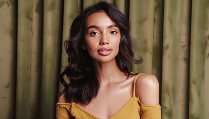 Fototapeta premium A woman wearing a yellow dress is standing in front of a green curtain, showcasing her vibrant style and confident demeanor