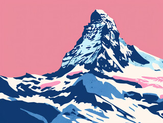 Risograph riso print travel poster, card, wallpaper or banner illustration, modern, isolated, clear and simple of Matterhorn, Zermatt, Switzerland. Artistic, screen printing, stencil backdrop