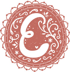 Decorative floral monogram in european old folk design lace doilies collage scrapbook rustic texture initial capital letter alphabet e