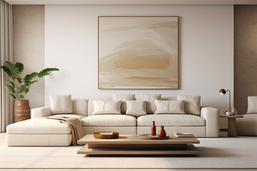 Modern minimalist living room with beige sofa and wooden coffee table