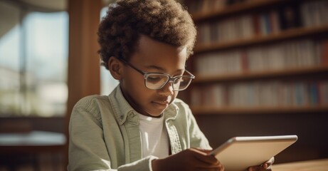 A young student using a tablet in a library, with natural light creating a warm, studious atmosphere.