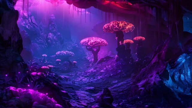 A purple otherworldly with glowing mushrooms