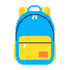 Childish school backpack Pixel art style icon. Transparent backdrop