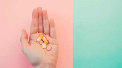 Wellness Comes First: Hand Holding Medicine Pills on Soft Pastel Background for Custom Branding.