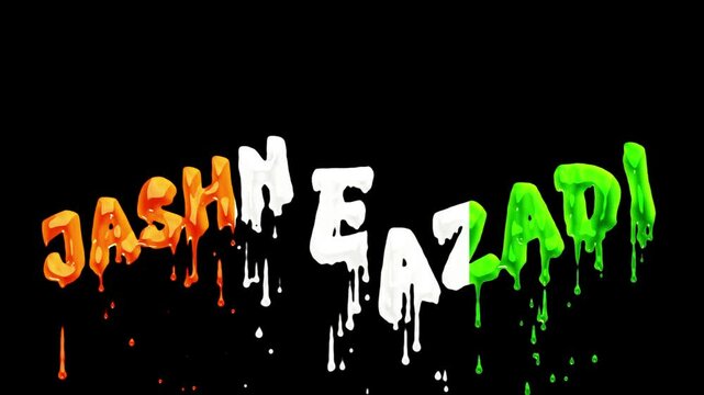Vibrant Tri-Color Drip Animation on 'Jashn E Azadi' Text - High-Resolution Stock Video. Perfect for patriotic themes or cultural showcases.