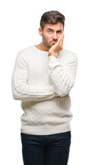Young handsome man wearing winter sweater over isolated background thinking looking tired and bored with depression problems with crossed arms.