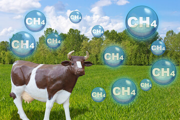 Cow farms produce methane gas which is released into the atmosphere - concept  with brown and white plastic cow model and emission of CH4 methane particles in the air