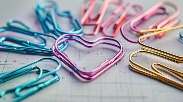Colorful heart-shaped and regular paper clips arranged on a graph paper, showcasing a mix of creativity and organization in office supplies.