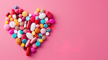 Obraz premium Heart Shape Made of Colorful Medicine Pills and Capsules on Pink Background with Copy Space for Text or Logo - Healthcare and Pharmacy Concept
