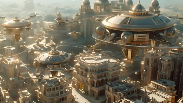 A futuristic cityscape with advanced architecture and flying structures