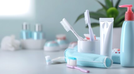 Bright Dental Hygiene Essentials on White Surface - Toothbrushes, Toothpaste Tubes, and Dental Floss for Oral Care Concept