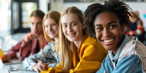 Fototapeta premium Group of four diverse students smiling in classroom looking at camera. Back to universe concept.