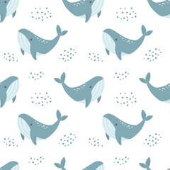 Seamless marine pattern with hand drawn cute whales and fish. Sea life. Child drawing style, vector illustration © Alina