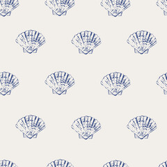 Vector sea animals seamless pattern. Sea shells in blue on white.