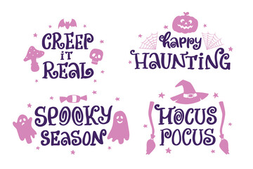 Halloween lettering quotes collection decorated with doodles for posters, prints, cards, stickers, signs, banners, apparel decor, etc. EPS 10