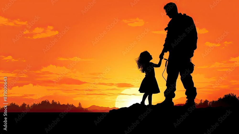 Wall mural Silhouette of soldier with little girl at sunset