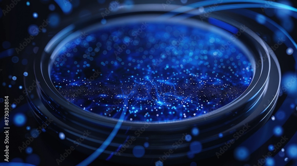 Wall mural conceptual digital wave art, featuring a sapphire blue circular shape with floating data points rese