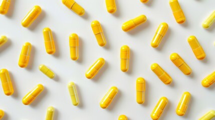 Many yellow capsules scattered on a white background. Pharmaceutical and health concept.