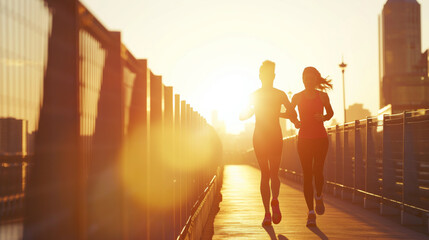 A vibrant young couple jogging at sunrise on a city bridge, promoting a healthy lifestyle and fitness apparel.