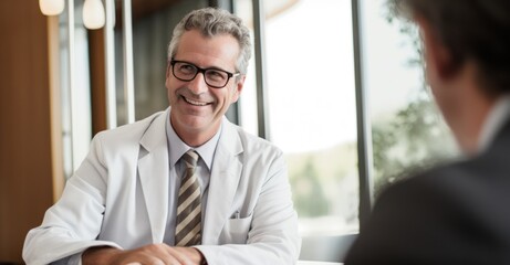A dedicated doctor consulting with a patient in a modern clinic, using soft, even lighting.