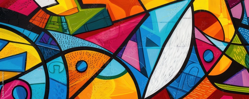 Poster dynamic abstract geometric digital art featuring bold red and blue tones with sharp angles and light