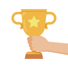 Gold trophy cup. Champion with a reward. Prize for the winner. Flat vector illustration.