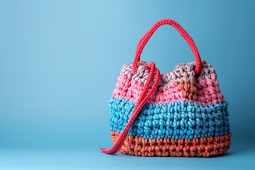 Fototapeta premium Bright crocheted handbag against blue backdrop, showing vibrant