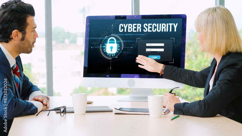 Poster cyber security system on computer screen protect private information snugly from hacker and cyber at