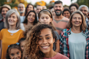 Obraz premium Large group of happiness people, variety of ages and nationalities, outdoor portrait