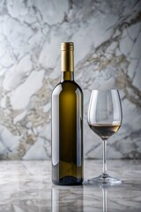 Obraz premium Bottle of white wine and glass on marble tabletop with elegant background