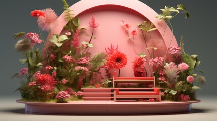 Fototapeta premium Pink Floral Paradise with Modern Benches