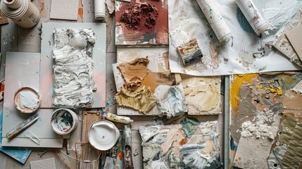 Artist's workspace with various paints, brushes, canvas, and vibrant colors in a creative mess, showcasing an environment of artistic creation.