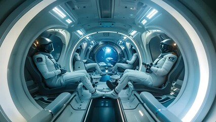 A group of astronauts in a sleek futuristic spaceship corridor - Powered by Adobe