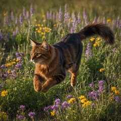 "A playful Somali cat jumping through a field of wildflowers.