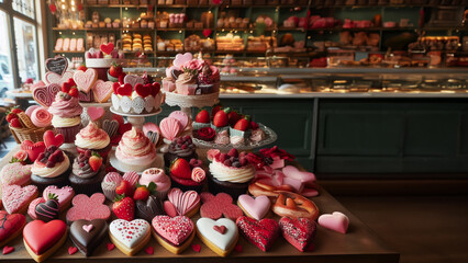 Naklejka premium A charming display of Valentine-themed pastries in the shop, offering a wide variety of flavors and designs to celebrate the special day