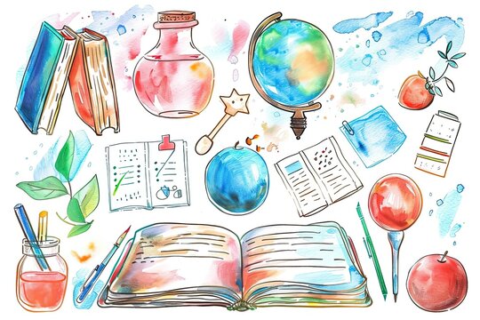 Watercolor illustration of school supplies, including books, globe, and stationery. Perfect for educational or back-to-school themes.