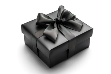 Obraz premium Black Friday Sale and Christmas presents concept. Gift box with black ribbon on red satin textile, close up view