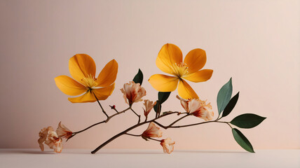 Panoramic background with flowers and copy space. Home and garden flowers. Peach Fuzz backdrop.