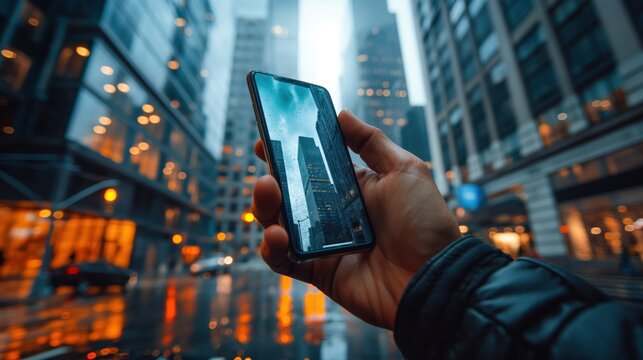 Holding a cell phone downtown in the financial district new york city - Powered by Adobe