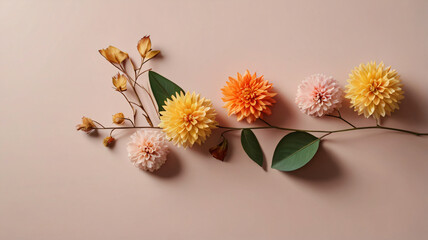 Panoramic background with flowers and copy space. Home and garden flowers. Peach Fuzz backdrop.