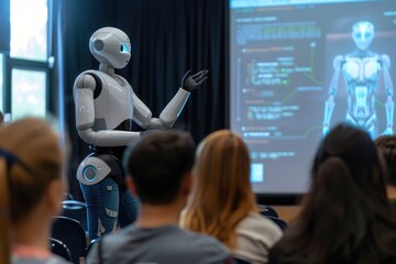 Students learning about robotics and AI technology in a modern classroom with a holographic display. AIG62