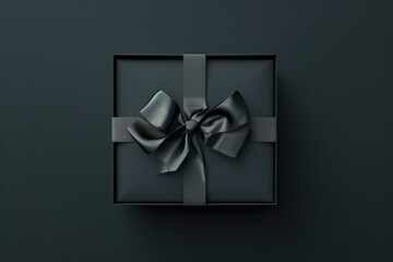 Black Friday Sale and Christmas presents concept. Gift box with black ribbon on red satin textile, close up view