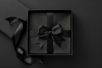 Black Friday Sale and Christmas presents concept. Gift box with black ribbon on red satin textile, close up view