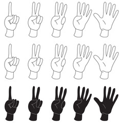 Set of Hands with fingers counting One to Five in Black and white, white and black and black stoke on transparent isolated on a white or transparent background