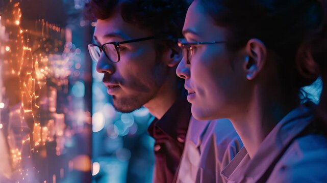 Professional scientist examines colorful futuristic analysis display