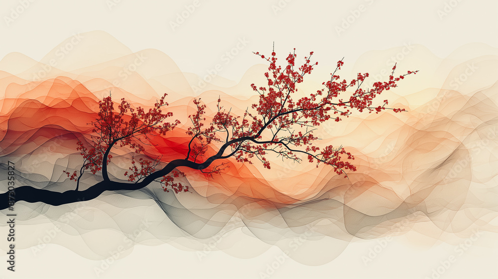 Poster a tree branch with red leaves is the main focus of the image. the red leaves contrast with the white