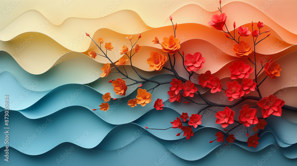 Poster a colorful paper flower tree with red blossoms is displayed on a blue and yellow background. the tre